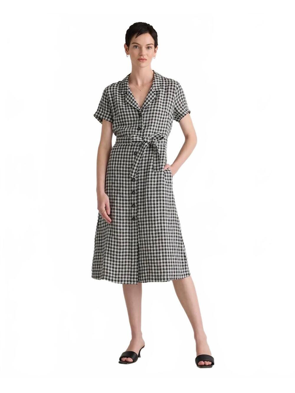 Quince 100% Linen Black and White Gingham Button-Front Midi Dress Cottagecore